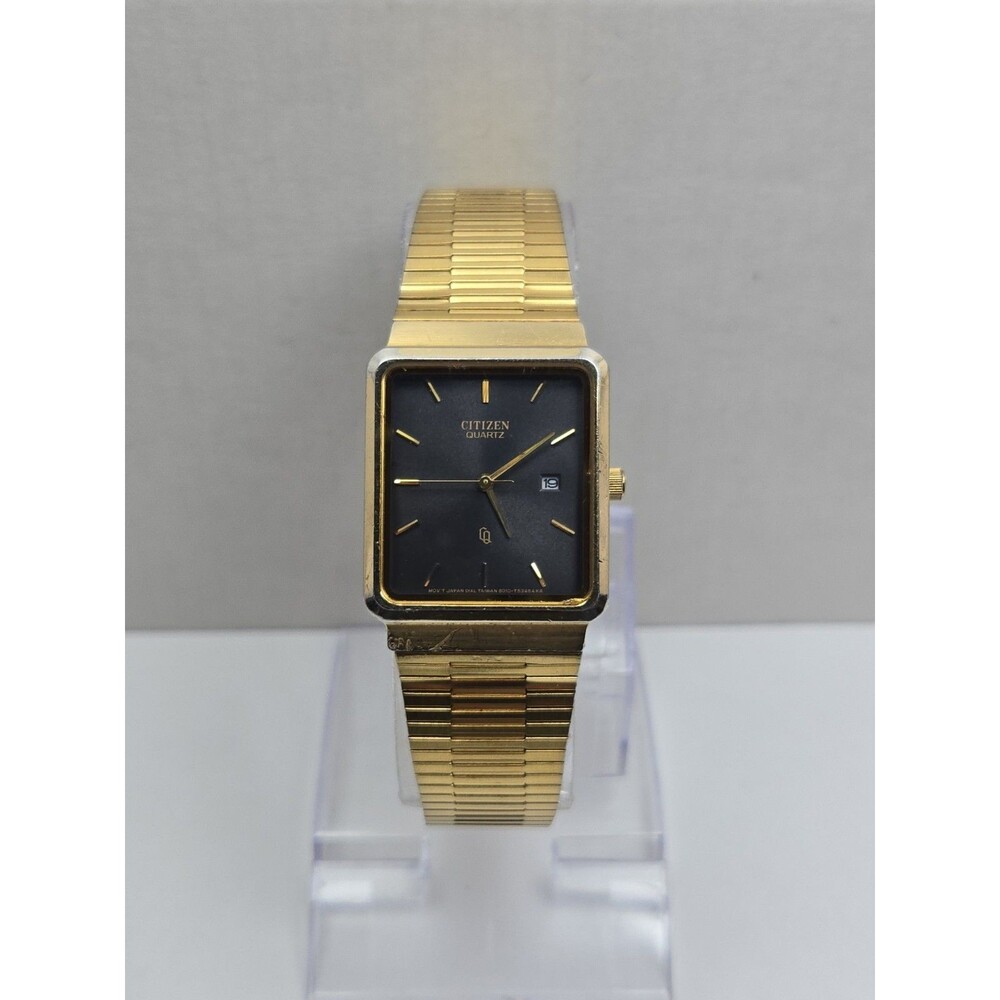 Vintage Citizen Mens Quartz Gold Tone Tank Black Dial Calendar Watch New Battery